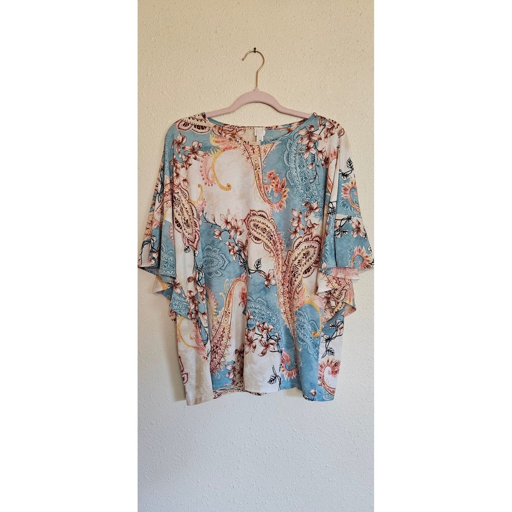 Yahada USA Womens Paisley Floral Flutter Sleeve Blouse Blue Peach Medium T1923-3